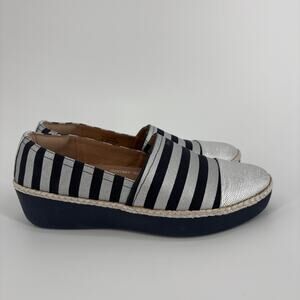 FitFlop Women Dahlia Metallic Stripe Espadrille Shoe Size 7 Slip On Blue Silver